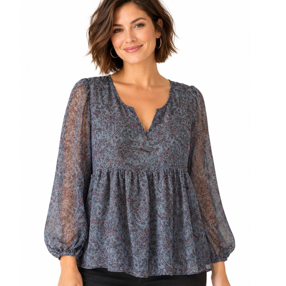 Lucky Brand Paisley Peasant Top Womens Large Blue Lurex Babydoll Boho Blouse
